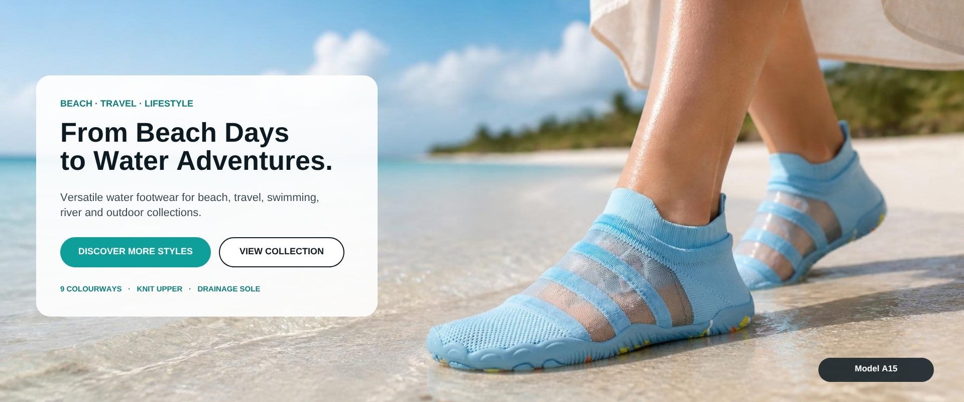 Model A15 sky-blue knit water shoes walking through shallow water on a white-sand beach