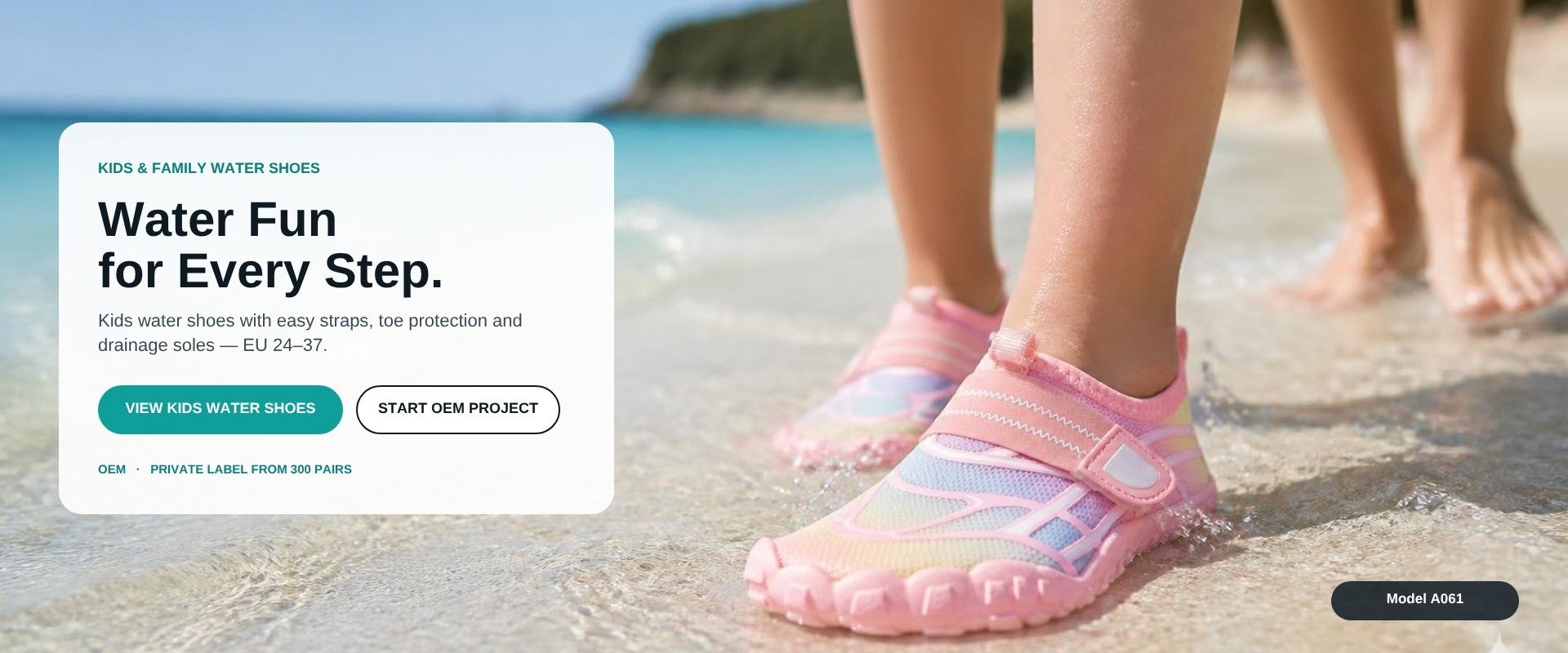 Child wearing model A061 pink kids water shoes in shallow water at the beach